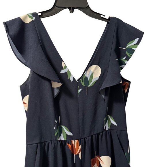 Ann Taylor Factory Womens Size 6 Sleeveless V-Neck Floral Midi Romper Blue/Ruffl - Picture 4 of 12